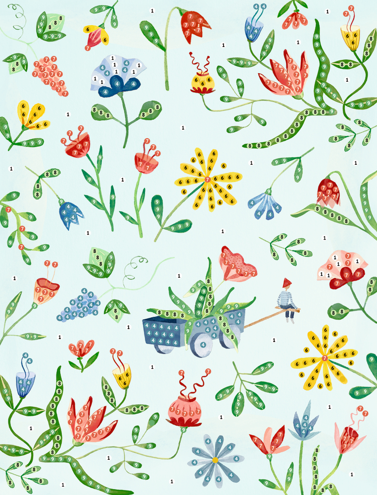 Eine kleine Person mit einem Wägelchen, bunte Blumen und Pflanzen, verstreut auf einem hellblauen Hintergrund.