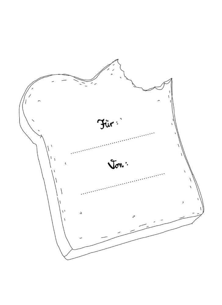 Eine Brotscheibe mit einem Biss als Fläche zum Beschriften mit Für und von.