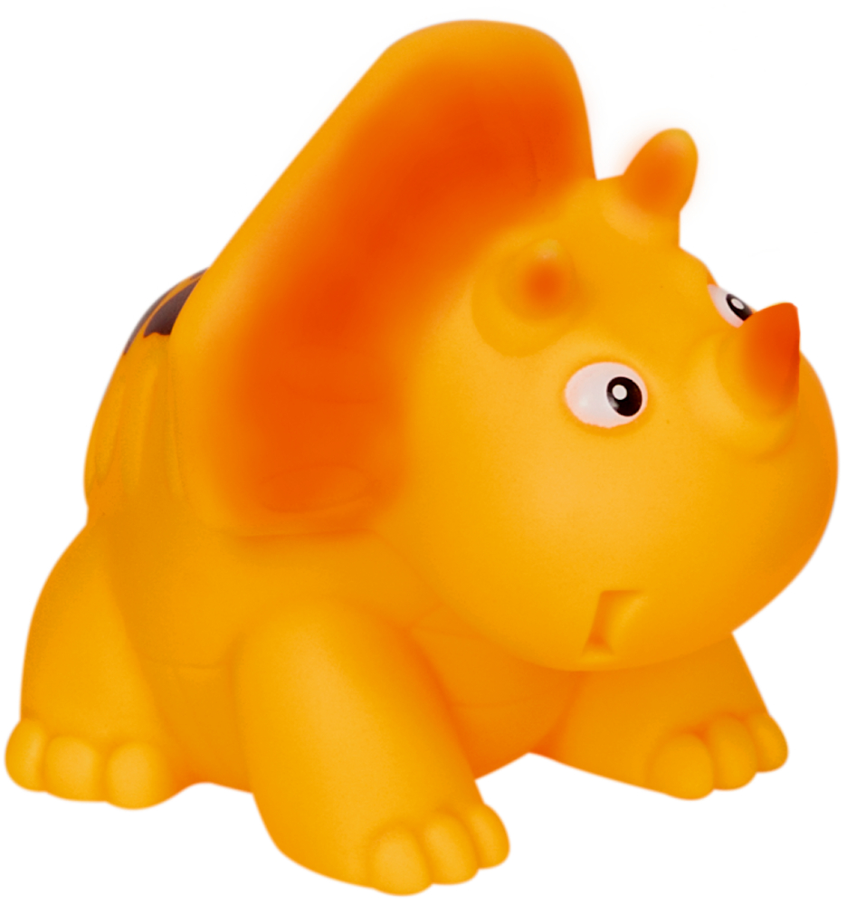 "Orangefarbenes Triceratops-Spielzeug mit großen Augen und überraschtem Blick, auf allen Vieren sitzend."