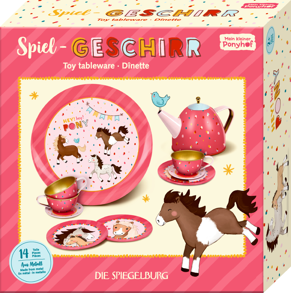 Spielzeug-Geschirrset mit Pony-Motiven: rosa Teekanne, Tassen, Teller und ein braunes Spielzeugpferd in einer Schachtel.