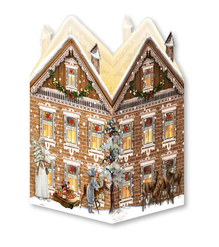 Festliches braunes Haus mit Menschen, Pferden und Weihnachtsdekoration in verschneiter Umgebung.