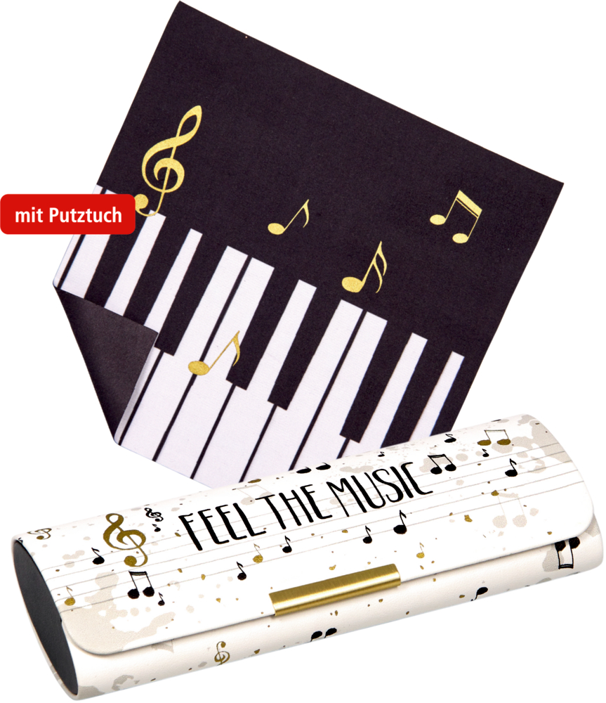 Weißes Brillenetui mit Noten und Feel the Music Schriftzug, dazu ein passendes Reinigungstuch mit Klaviertastenmotiv.