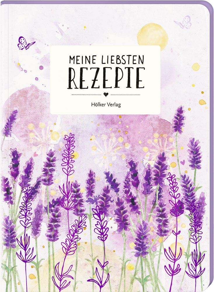 Lila Lavendelblumen und Schmetterlinge in Aquarelloptik. Text: Meine Liebsten Rezepte.