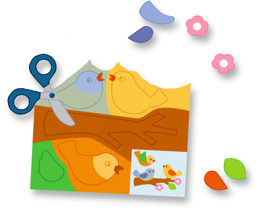 Bastelbogen mit Vorlage: Bunte Vögel, Blumen und Blätter aus Papier zum Ausschneiden. Daneben eine Schere.