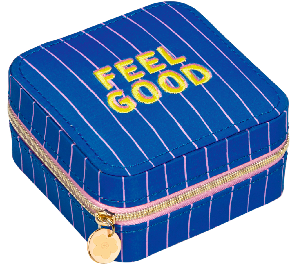 Blau-weiß gestreifte, eckige Box mit Reißverschluss, auf dem Deckel gelb FEEL GOOD eingestickt.