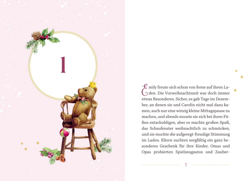 Illustration eines braunen Teddybären mit Krone auf einem Holzstuhl, daneben Tannenzweige und Weihnachtskugel, oben Zahl 1 in Kreis.