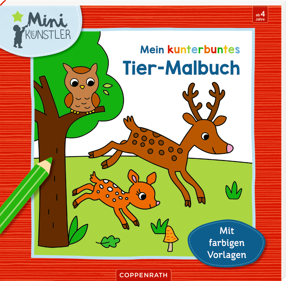 Cover eines Tier-Malbuchs mit Eule und zwei Hirsche auf einem grasbewachsenen Hügel, mit grüner Bleistiftillustration.