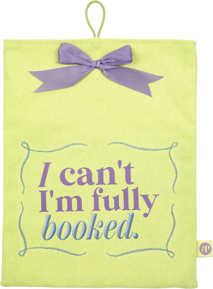 Hellgrüne Buchhülle mit lila Schleife und dem Text I cant Im fully booked.