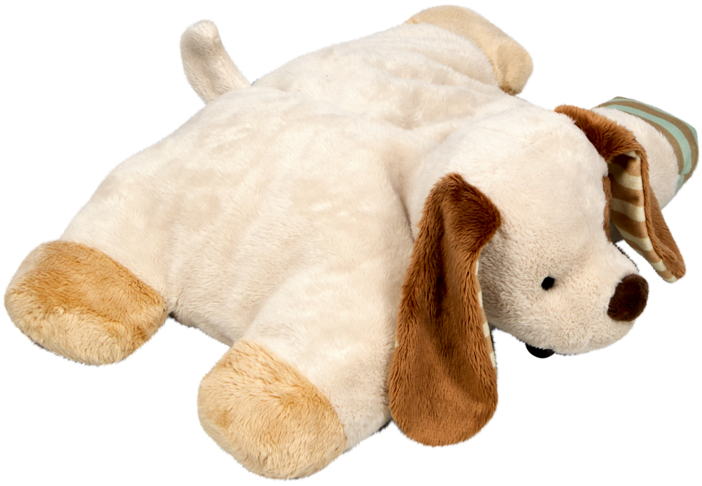 Plüschhund Spielzeug mit braunen Schlappohren und hellen Pfoten, flach liegend, mit gestreiftem Ohr.