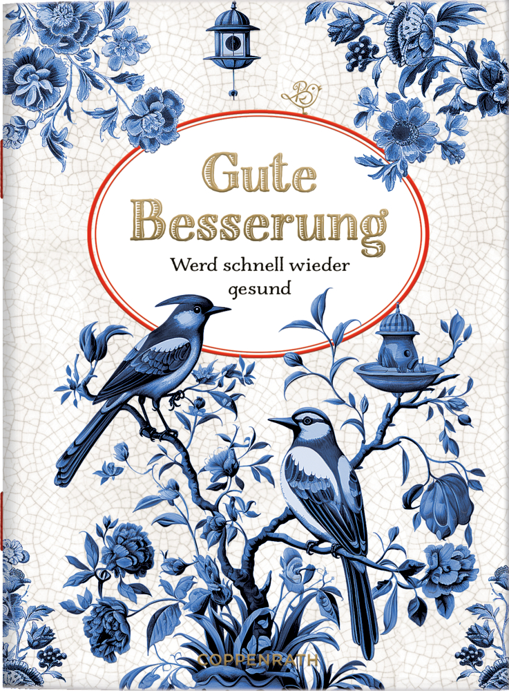 Schöne Grüße: Gute Besserung (B. Behr) Blau-weiße Illustration von Vögeln und Blumen, auf dem Cover von "Gute Besserung".