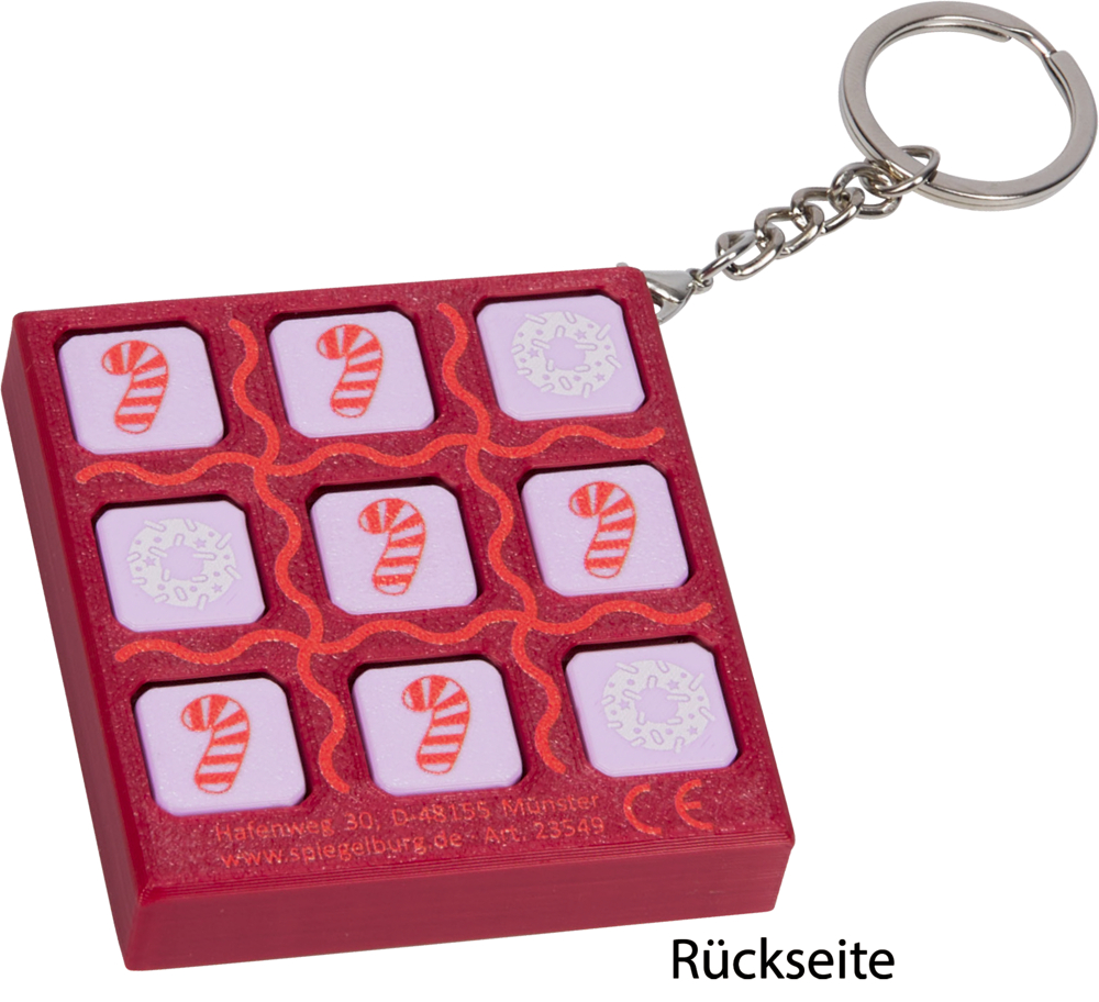 Rückseite eines roten Tic-Tac-Toe-Spiels mit lila Symbolfeldern, abwechselnd mit roten Zuckerstangen und runden Donuts, an einem Schlüsselanhänger.