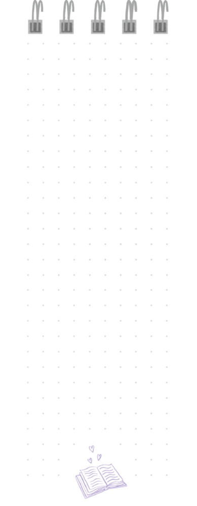 Notizblockseite mit grauen Punkten und gezeichneter lila Buchillustration mit kleinen Herzen unten.