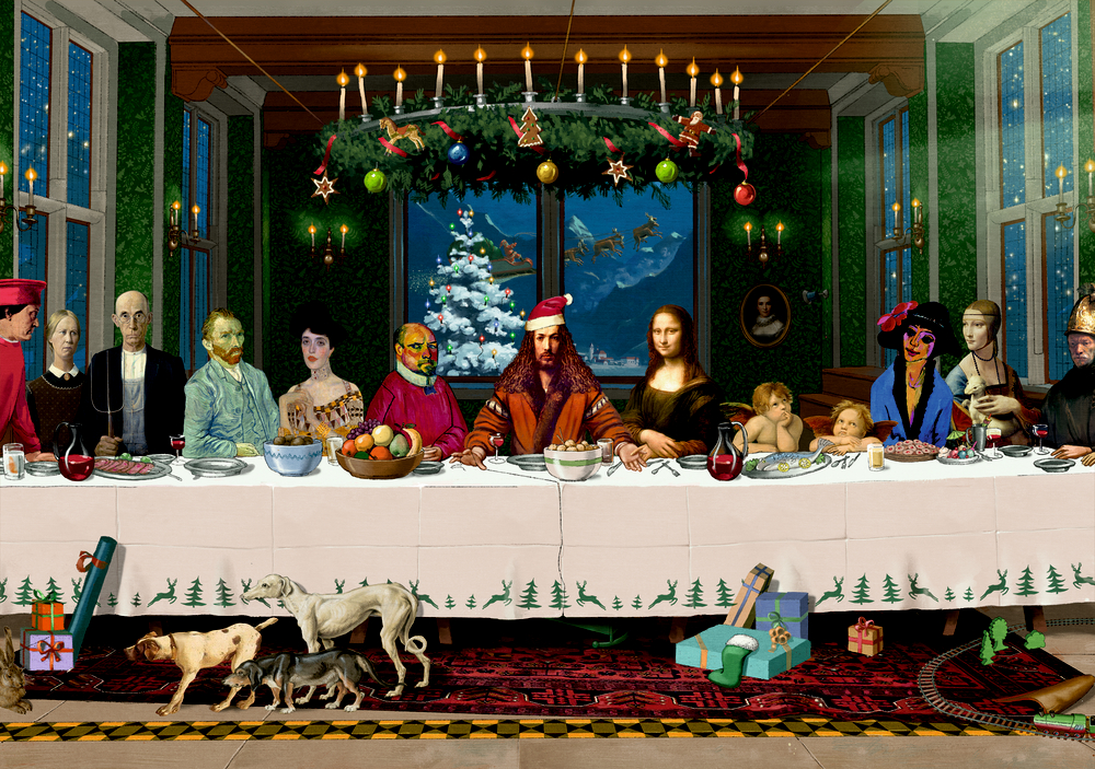 Puzzle - Das Weihnachtsmahl (1000 T.) Eine Weihnachtsparodie des letzten Abendmahls mit berühmten Figuren und festlicher Dekoration.