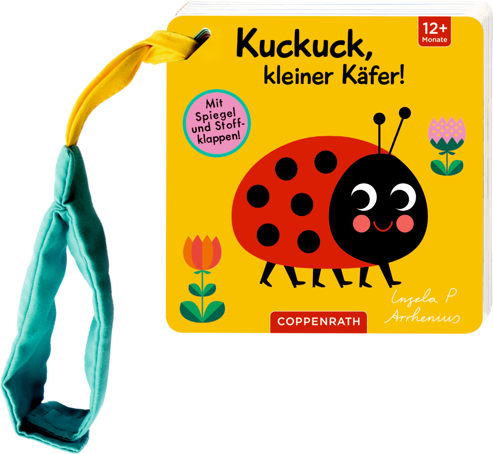 Mein Filz-Fühlbuch für den Buggy: Kuckuck, kleiner Käfer! Quadratisches Babybuch mit gelbem Einband, lächelndem Marienkäfer, Blumen und dem Titel „Kuckuck, kleiner Käfer!“.
