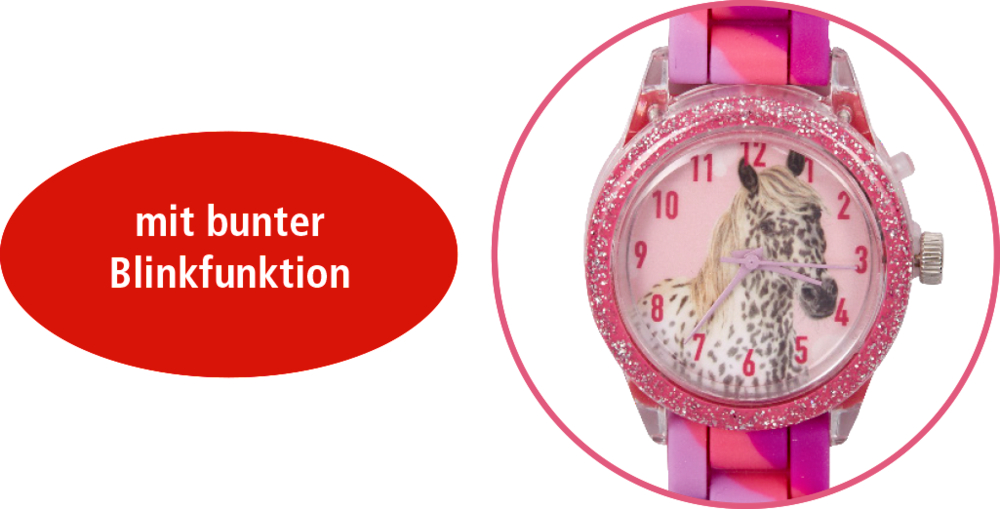 Rosa Kinderuhr mit Apfelschimmel auf dem Ziffernblatt, Glitzer und bunter Blinkfunktion.