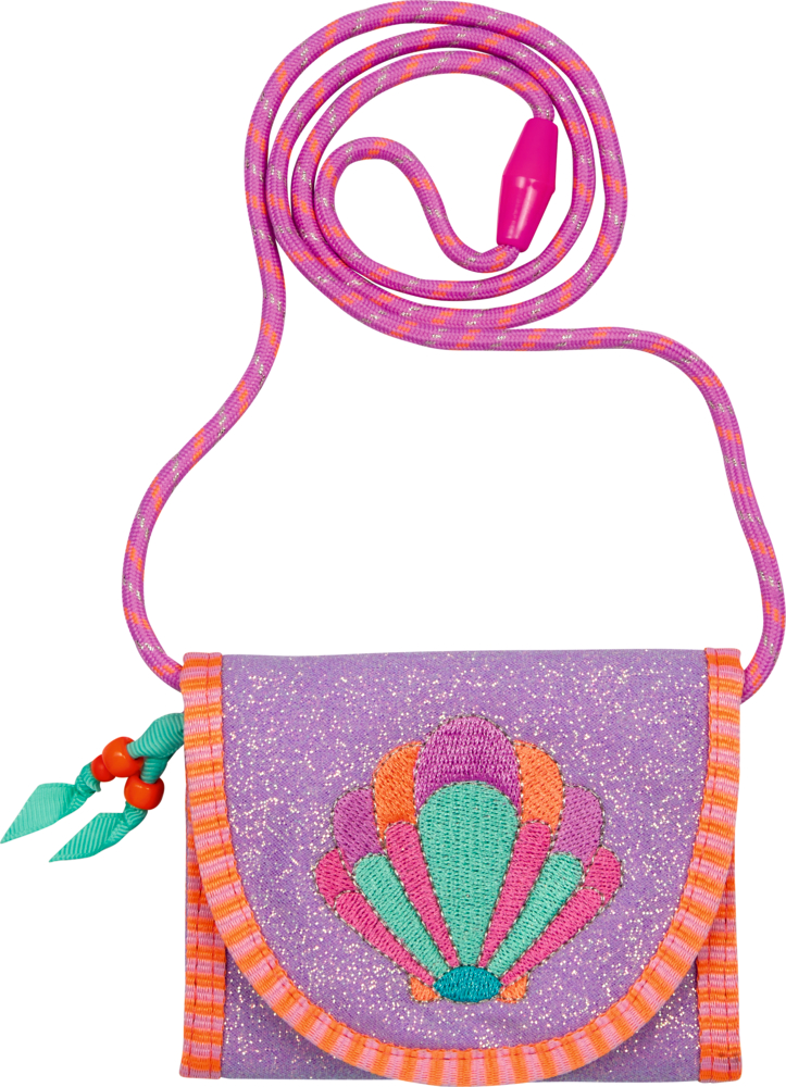 Lila Brustbeutel mit Muschel-Motiv, orangefarbener Umrandung und pink-lila Kordelriemen.