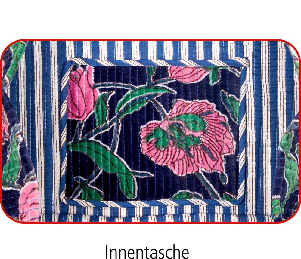 Nahaufnahme einer Innentasche aus Stoff mit rosa Blumen und blauen Streifen