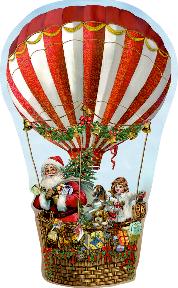 Der Weihnachtsmann und ein Mädchen fahren in einem rot-weißen Heißluftballonkorb voller Geschenke und Weihnachtsdekorationen.