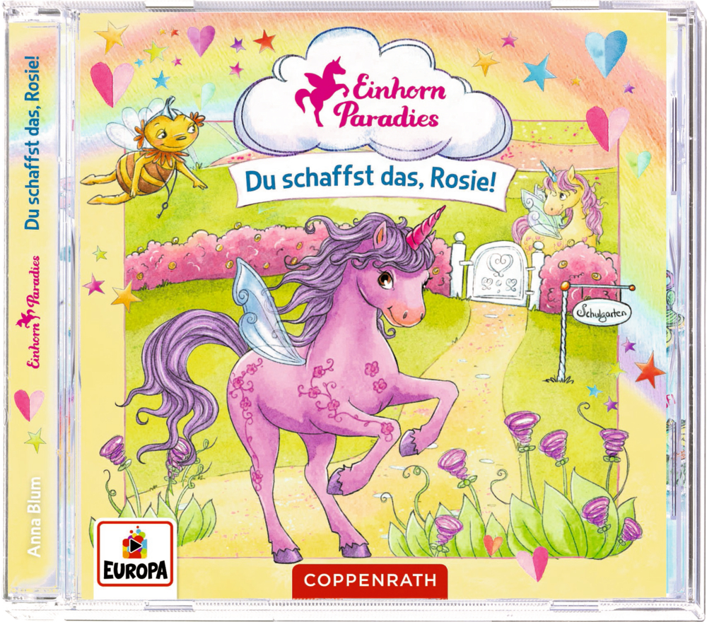 CD-Cover: Ein pinkes Einhorn geht durch einen bunten Blumengarten, eine Biene und ein anders Einhorn nahbei.
