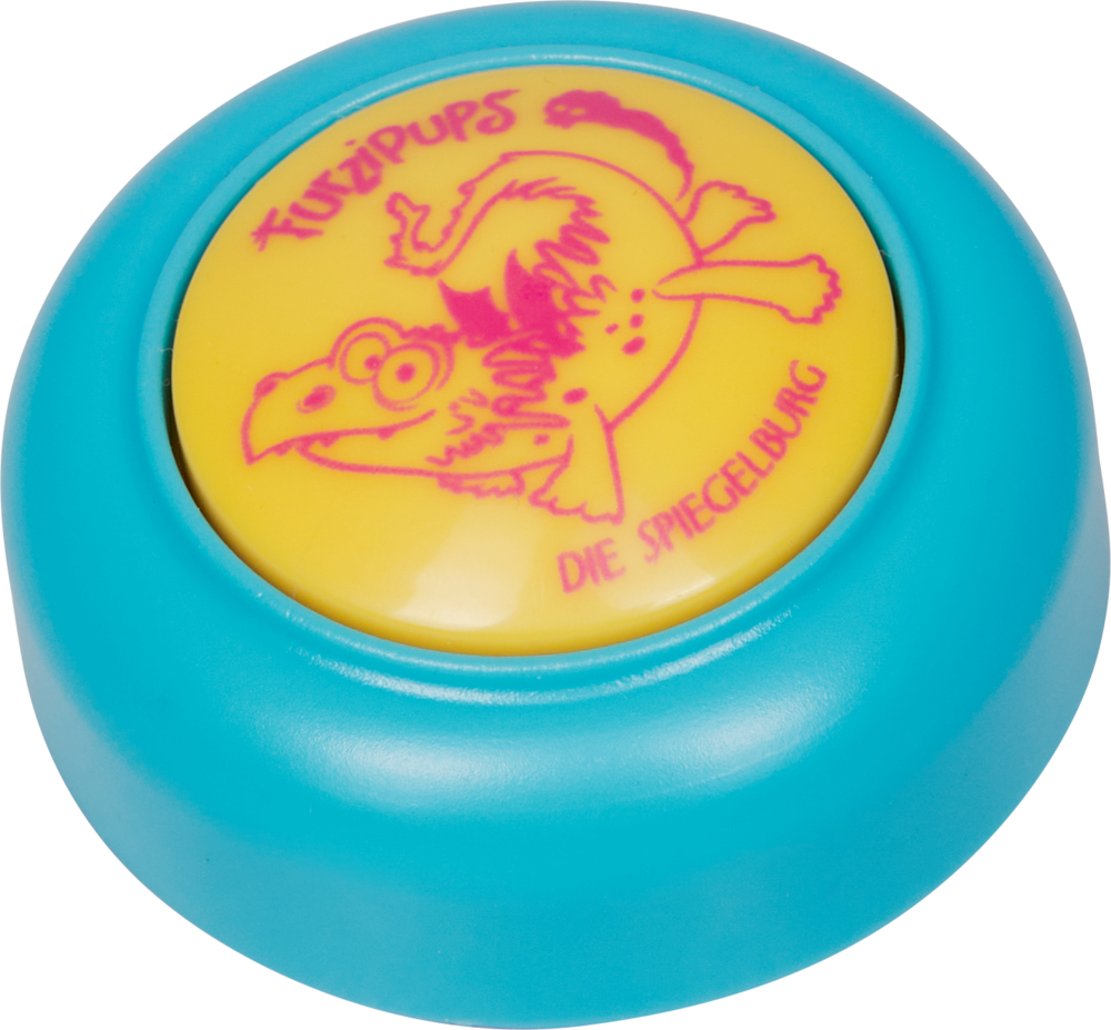 Blau-gelber Pups-Button mit einem Cartoon-Dinosaurier und Text auf der gelben Oberfläche.