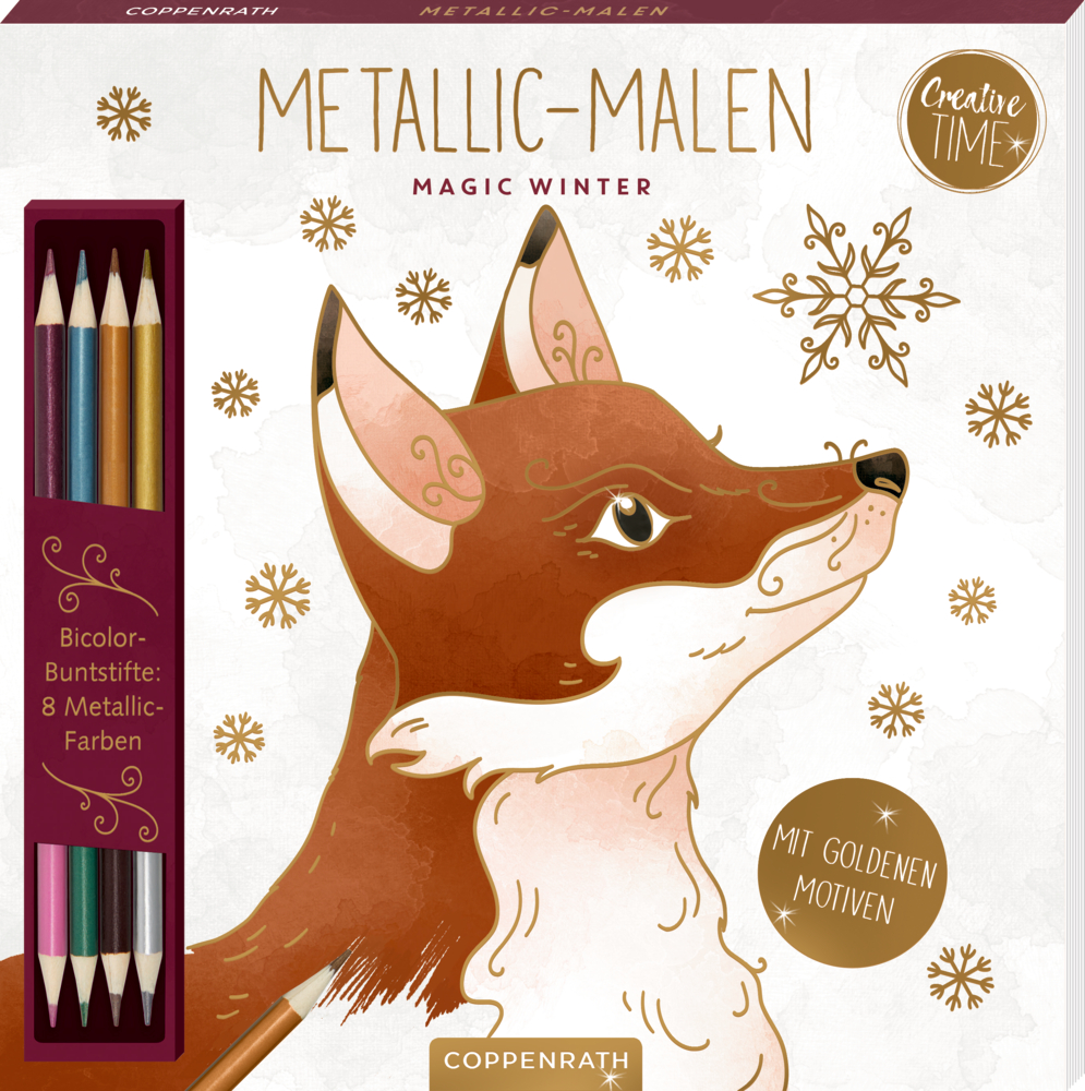 Malset mit braun-weißem Fuchs und goldenen Schneeflocken, vier zweifarbige Buntstifte in Metallic-Farben sichtbar.
