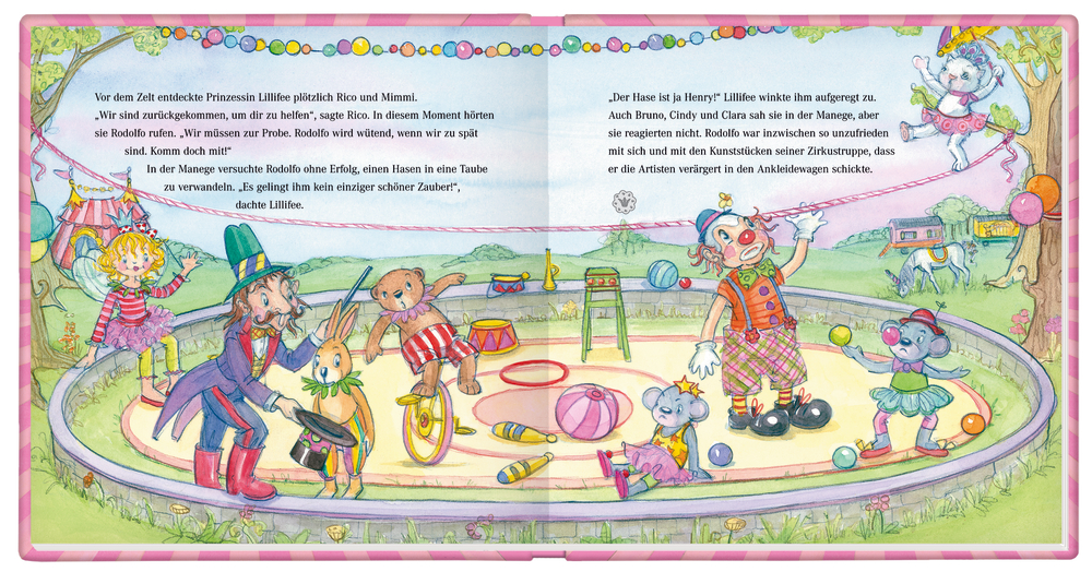 Zirkusszene: Tiere führen Kunststücke vor, Clown unterhält, Lillifee schaut unter bunten Girlanden zu.