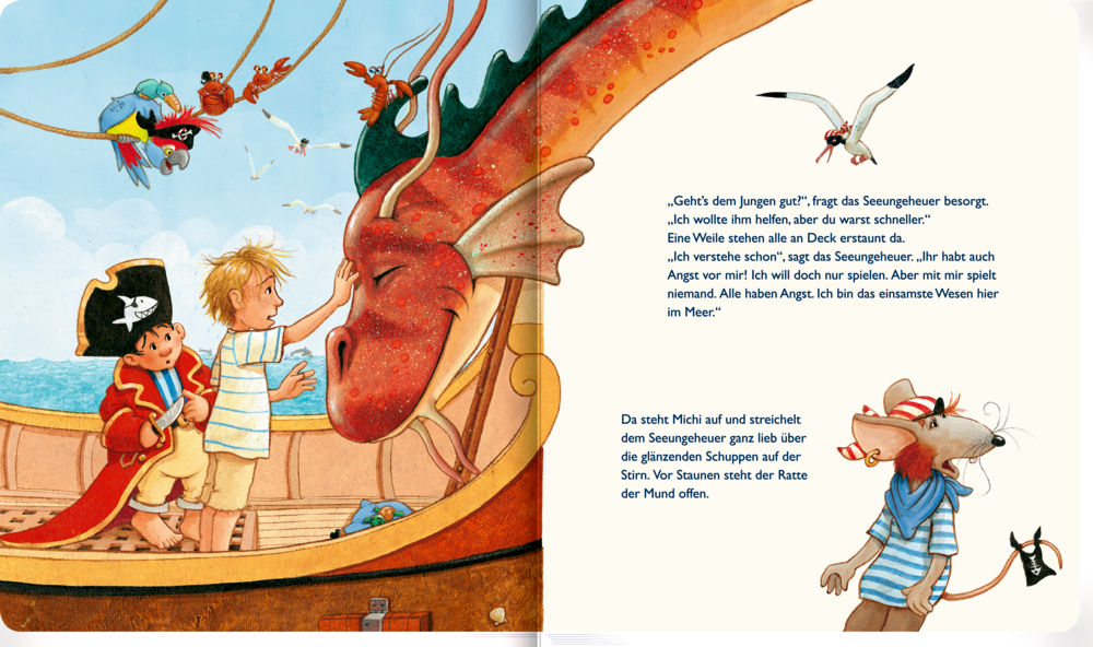 Buchinnenabbildung mit einem Junge, der auf einem Segelschiff ein freundliches Meeresungeheuer streichelt.