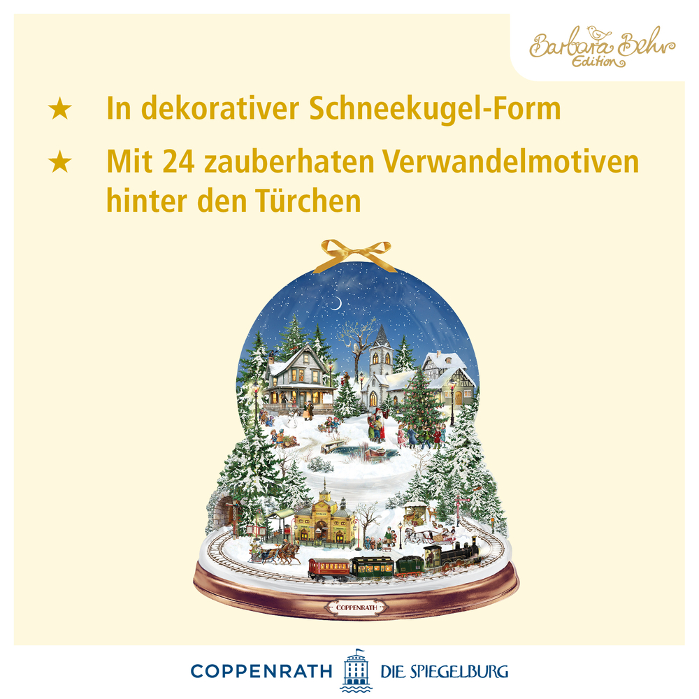 Adventskalender in Schneekugelform mit winterlichem Dorfmotiv, Eisenbahn und goldener Schleife oben.