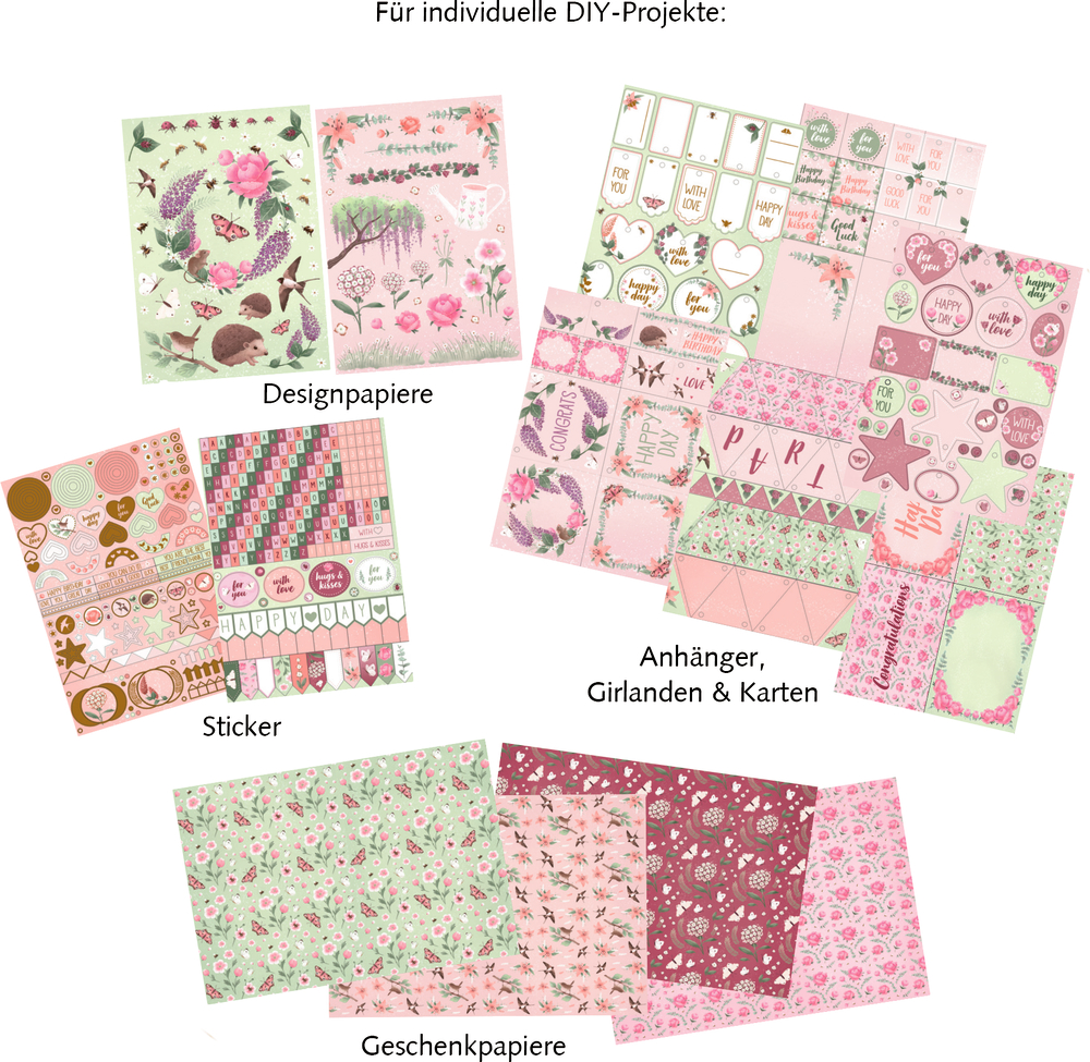 DIY-Set Infografik: Karten, Sticker, Designpapiere mit Blumen- und Schmetterlingsmotiven.