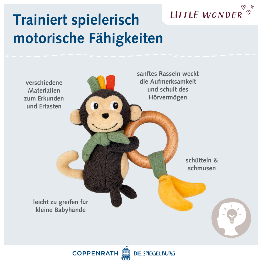 Plüsch-Affe-Babyspielzeug mit Holzring, weichen Bananen und sensorischen Funktionen zum Berühren und Spielen.