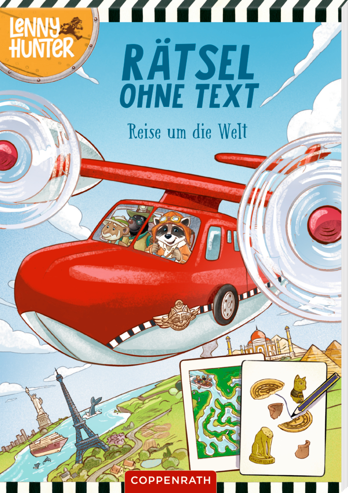 Rätsel ohne Text: Reise um die Welt - Lenny Hunter Auf dem Cover eines Rätselbuchs, fliegen Cartoon-Tiere ein rotes Flugzeug über Sehenswürdigkeiten und im Vordergrund stehen Karten und Hinweise.