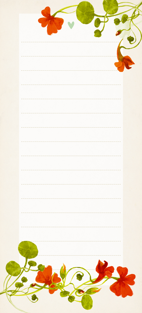 Vertikales Notizpapier mit orangefarbenen Blumen- und grünen Blatträndern oben und unten; gepunktete Linien zum Schreiben.