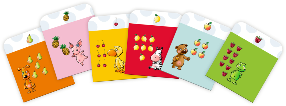 Sechs farbenfrohe Karten mit Comic-Tieren und jeweils unterschiedlichen Fruchtillustrationen.
