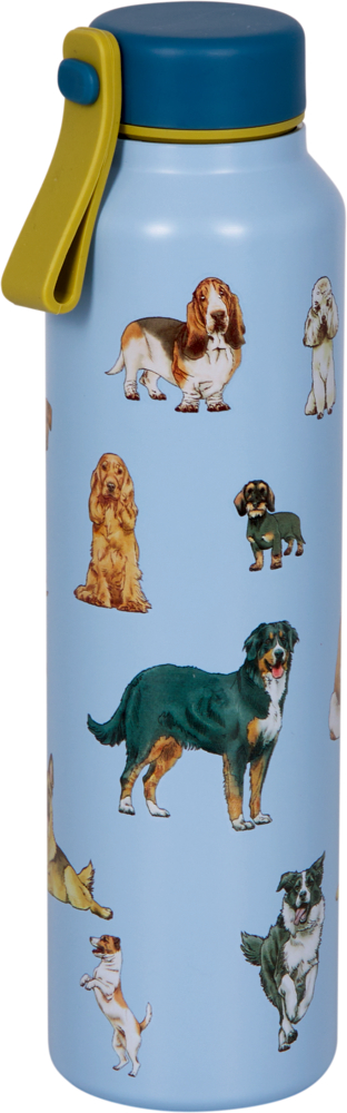 Hellblaue Isolierflasche mit abgebildeten Hunderassen und blauem Deckel.