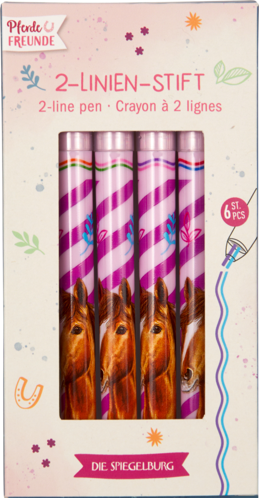 Rosafarbene gestreifte Stifte mit Pferdemotiven in dekorativer Verpackung.