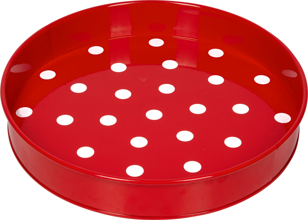 Metall-Tablett - Fröhliche Tupfen Rotes rundes Tablett mit weißen Punkten auf der Oberfläche.