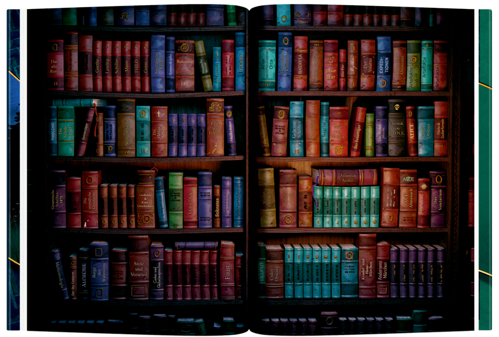 Regal mit bunten, ordentlich angeordneten Büchern auf beiden Seiten einer geöffneten Buchinnenseite.