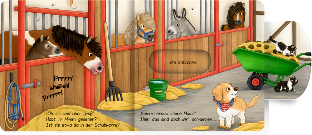 Pferde schauen aus den Ställen, während ein Welpe und Kätzchen neben einer grünen Schubkarre voller Stroh spielen, auf einer Doppelseite mit Text.
