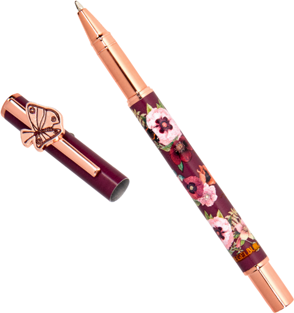 Dunkelroter und goldener Stift mit üppigem Blumenmuster und einer Kappe mit schmetterlingsförmigem Clip.