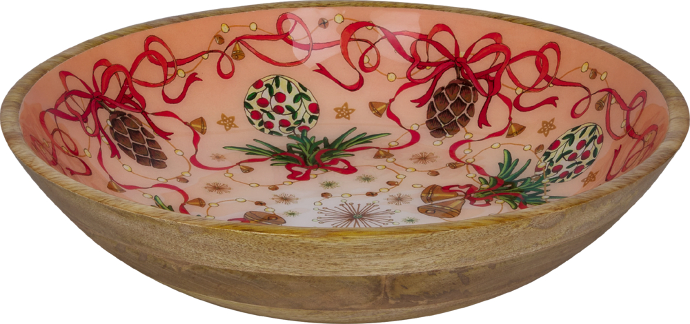 Runde Holzschüssel mit rosafarbener Innenfläche und weihnachtlichem Motiv aus Zapfen, Schleifen und Kugeln.