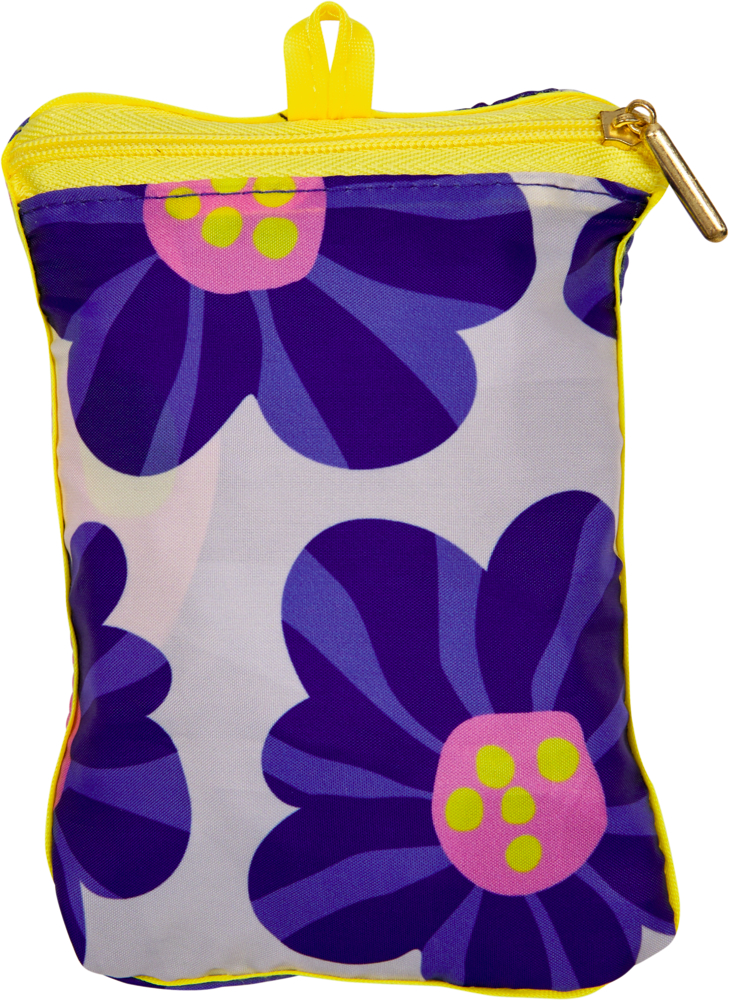 Zusammengefaltete Tasche mit gelbem Reißverschluss und großen lila-blauen Blumen mit pinken und gelben Zentren.