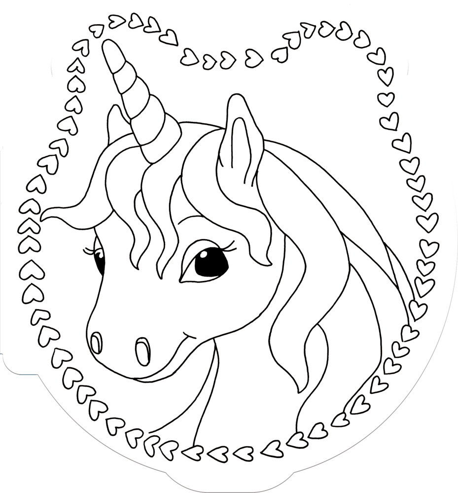 Ausmalbild eines Einhornkopfes mit wallender Mähne, umrahmt von einer Herzbordüre aus kleinen Herzen.