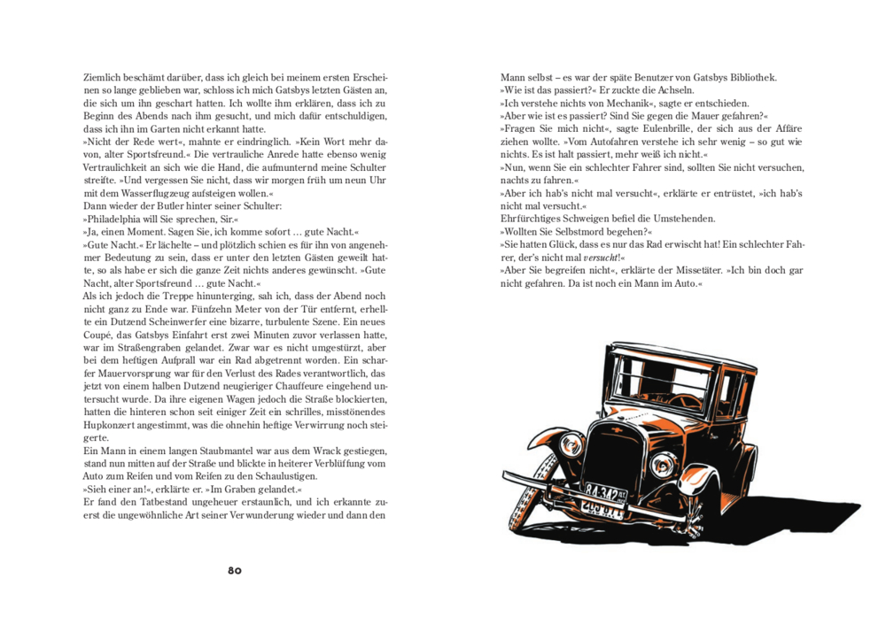 Auf einem weißen Hintergrund ist neben Seiten mit dem Text eine Oldtimer-Illustration zu sehen.