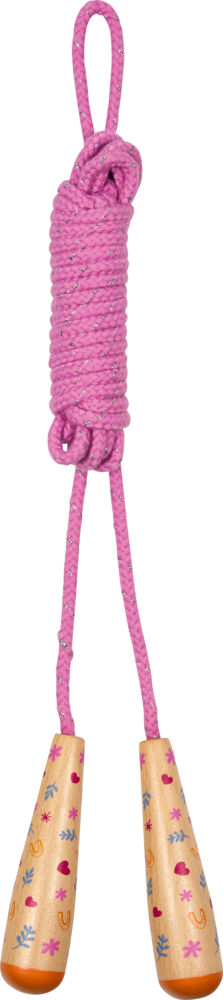 Pinkes Springseil mit Holzgriffen und bunten Mustern, ordentlich zusammengerollt.