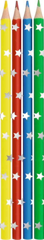 Vier aufrecht stehende Buntstifte (gelb, rot, blau, grün) mit weißem Sternmuster stehen nebeneinander.