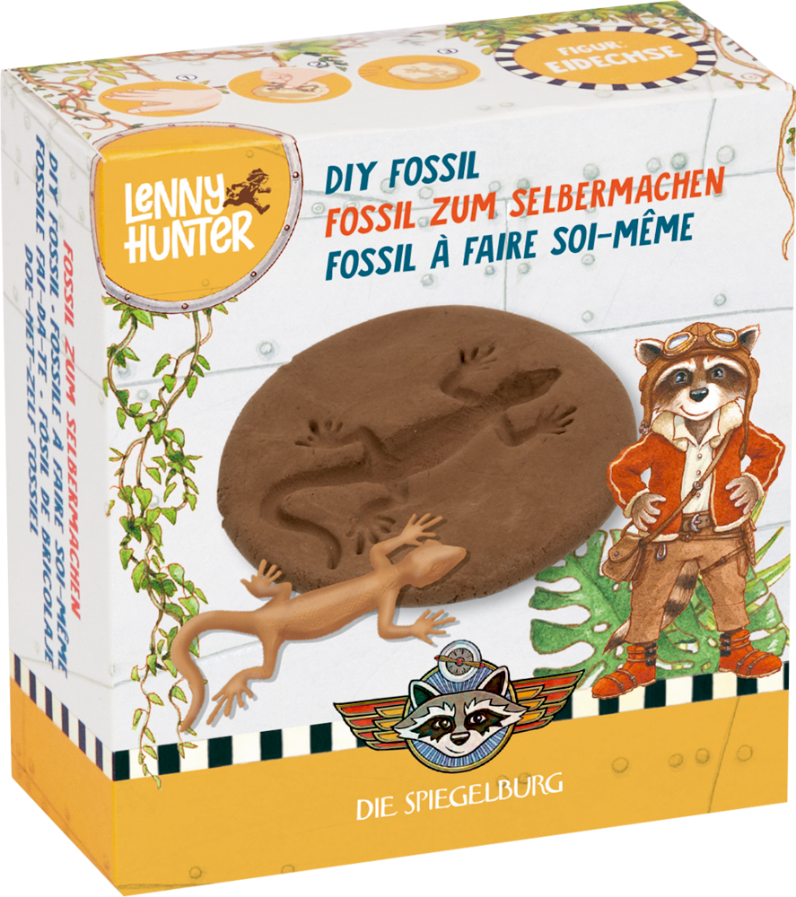 "Gelbe Pappschachtel mit dem Waschbären Lenny Hunter und einem Eidechsen-Abdruck in einer braunen Modelliermasse. "