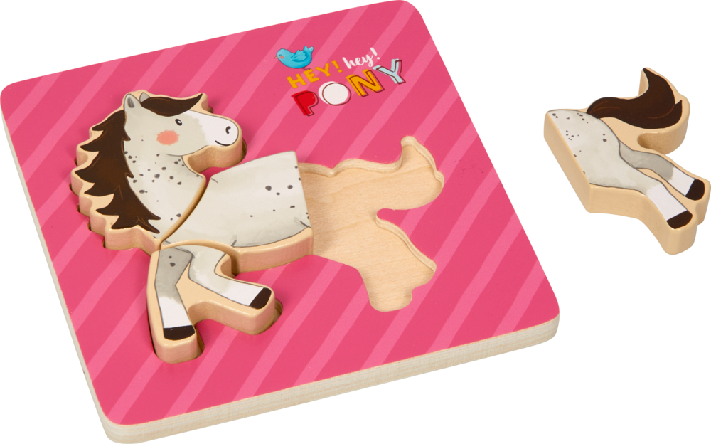Steck-Puzzle - Mein kleiner Ponyhof (4 Teile) Ein Teil fehlt bei einem hölzernen Pony-Puzzle auf einem rosa gestreiften Brett mit der Aufschrift „Hey! Hey! PONY.“. Das fehlende Teil liegt daneben.
