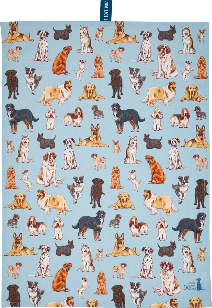 Geschirrtuch - I love dogs (I love cats & dogs) Hellblaues Geschirrtuch übersät mit vielen kleinen Hundeillustrationen.