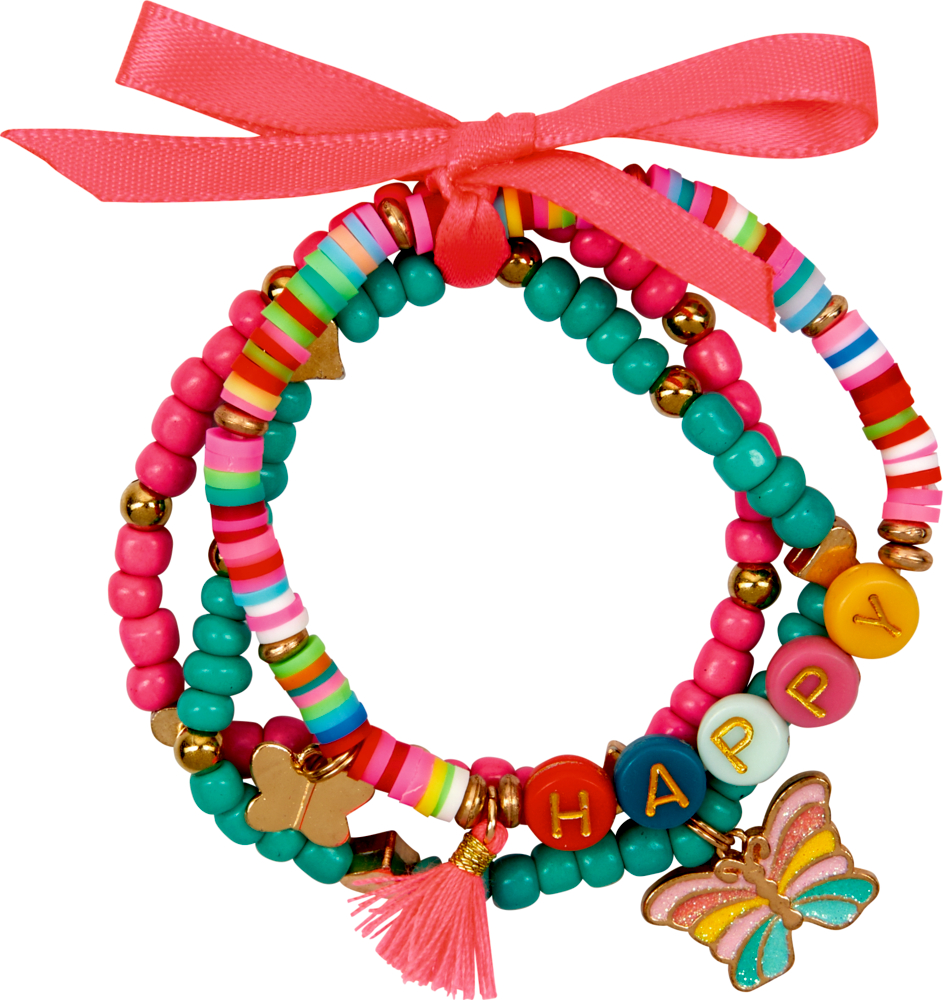 Bunte Perlenarmbänder mit rosa Schleife, Schmetterlingsanhänger und HAPPY-Buchstabenperlen.