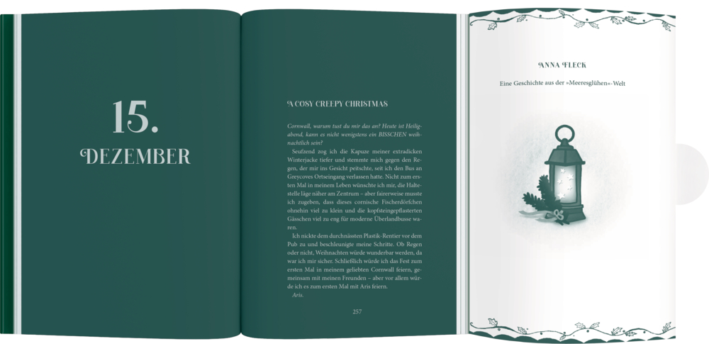 Aufgeschlagenes Buch mit der Datumsseite „15. Dezember“, Textseite und Illustration einer Laterne mit Zweigen.